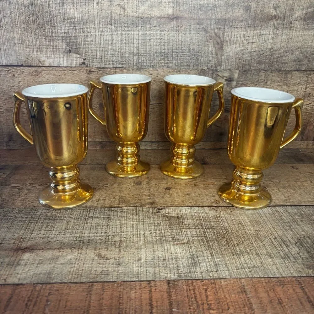 Vtg 1940's Set Of 4 Hall China Golden Glo Irish Coffee Pedestal Mugs 1272